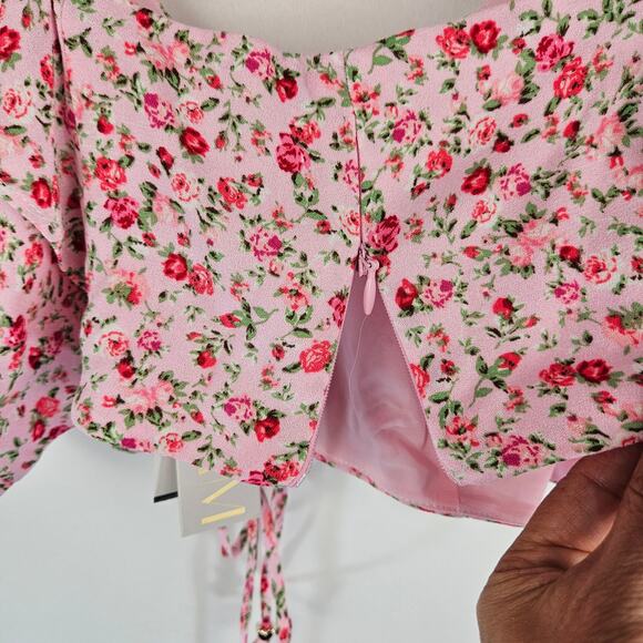 NWT AFRM Sienna Pastel Pink Floral Ruffle Cap Sleeve Adjustable Strap Crop Top L - Picture 7 of 12